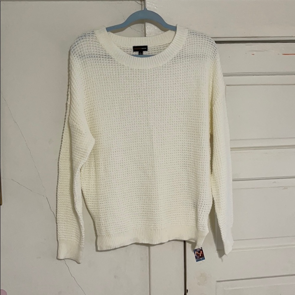 white waffle knit scoop neck sweater